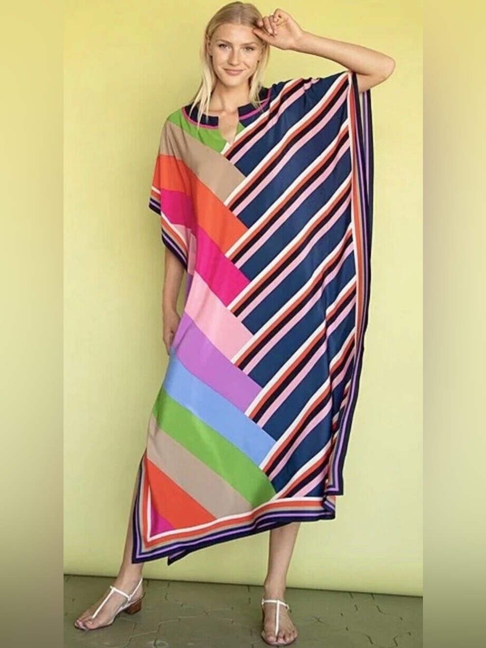 Trina Turk 100% Silk Theodora Caftan Maxi Dress Block Stripe Print S/M